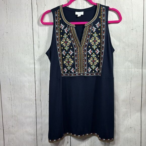 J Jill Navy Blue Embroidered Boho Sleeveless Cotton Blend Summer Casual Top - Picture 6 of 13